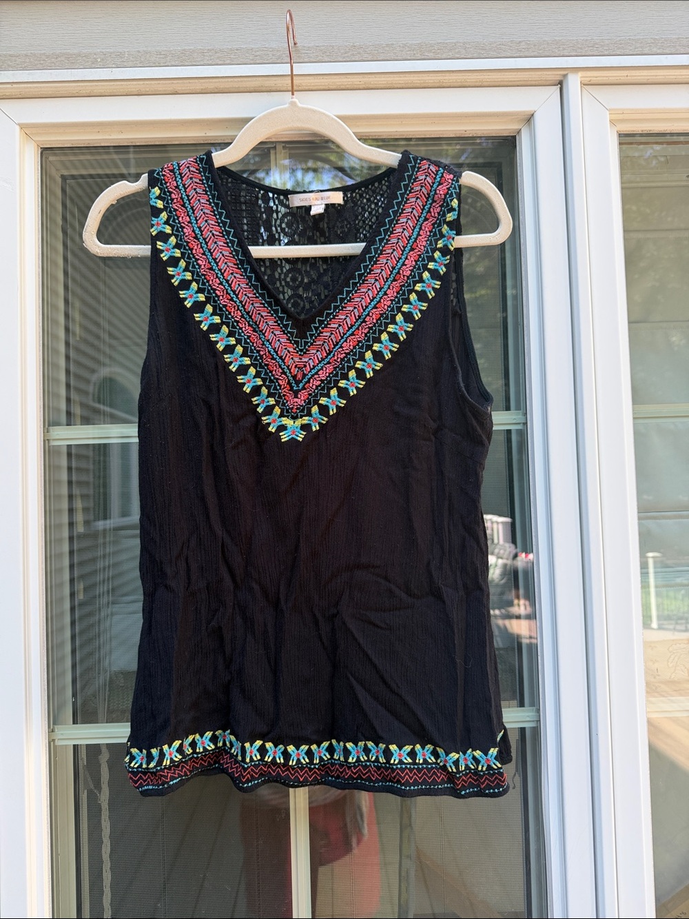 Skies Are Blue Black Sleeveless Top with Multicolor Embroidered V-Neck